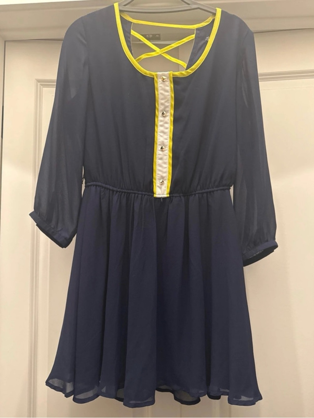 Navy Mini Dress with Yellow Trim and Crisscross Back